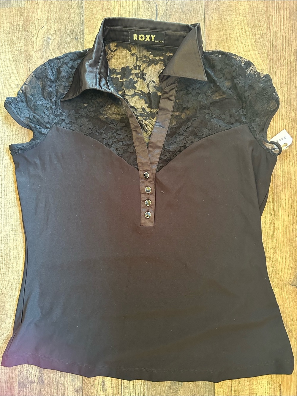 Roxy Black Lace Yoke Polo Blouse